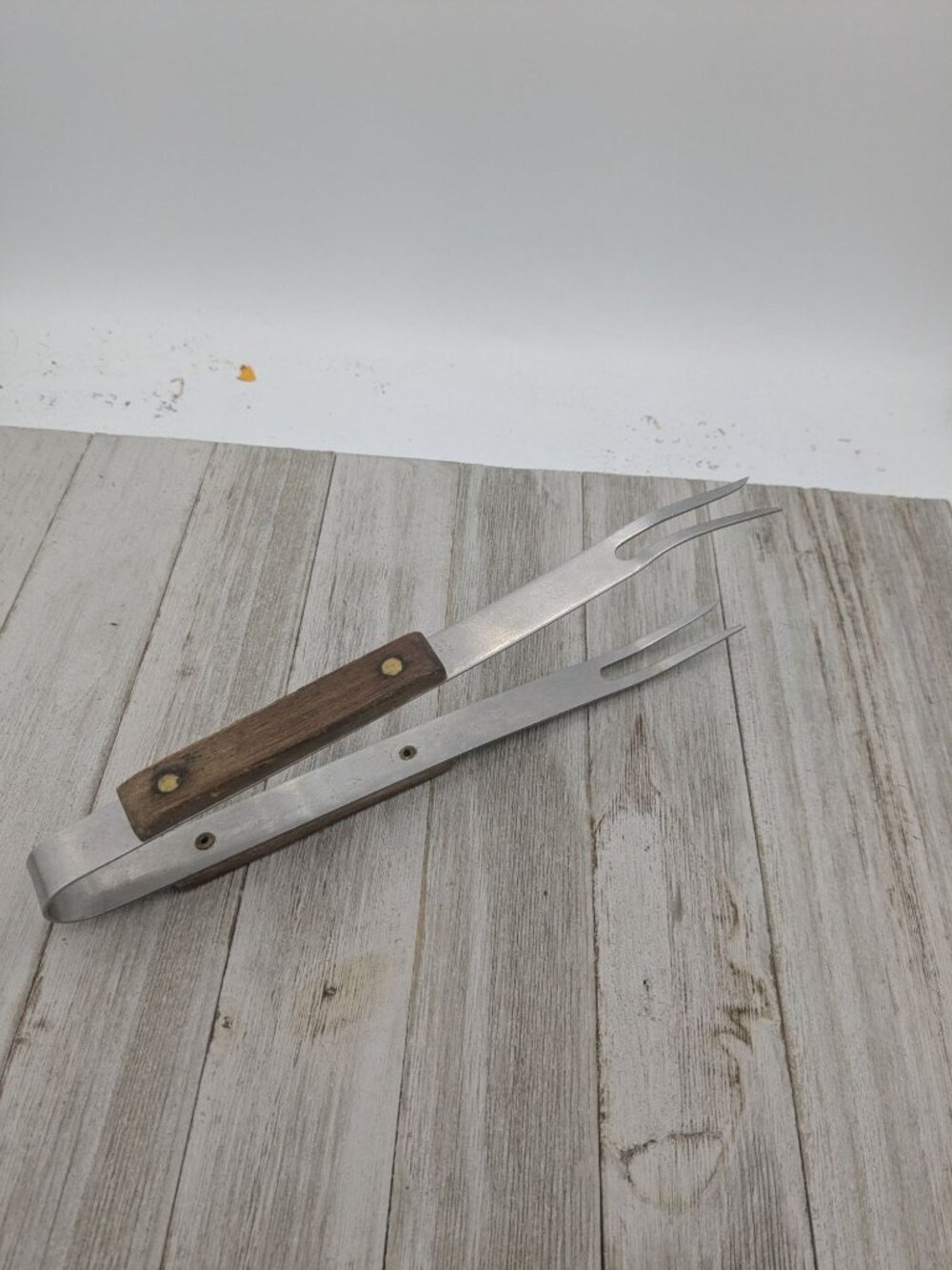 Vintage Stainless Steel Meat Fork Tongs With Wooden Handles